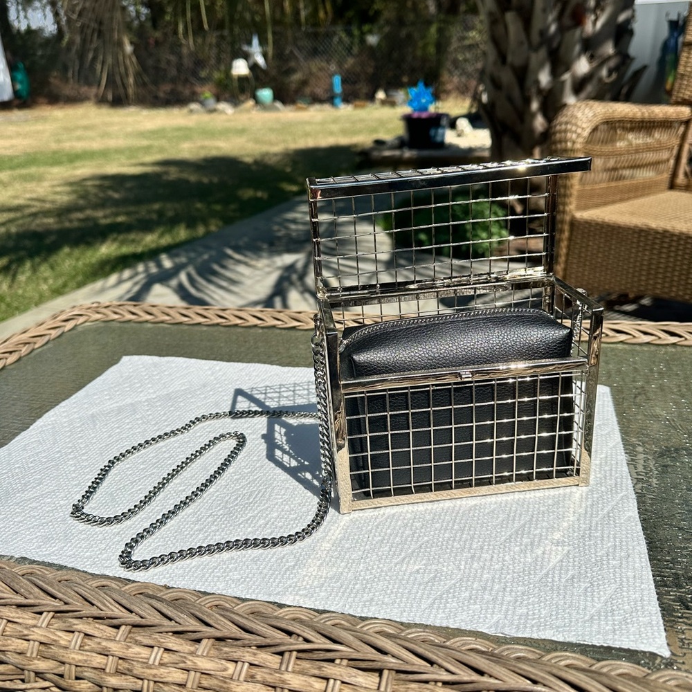 Silver and Black Cage Clutch with Chain - Picture 4 of 11